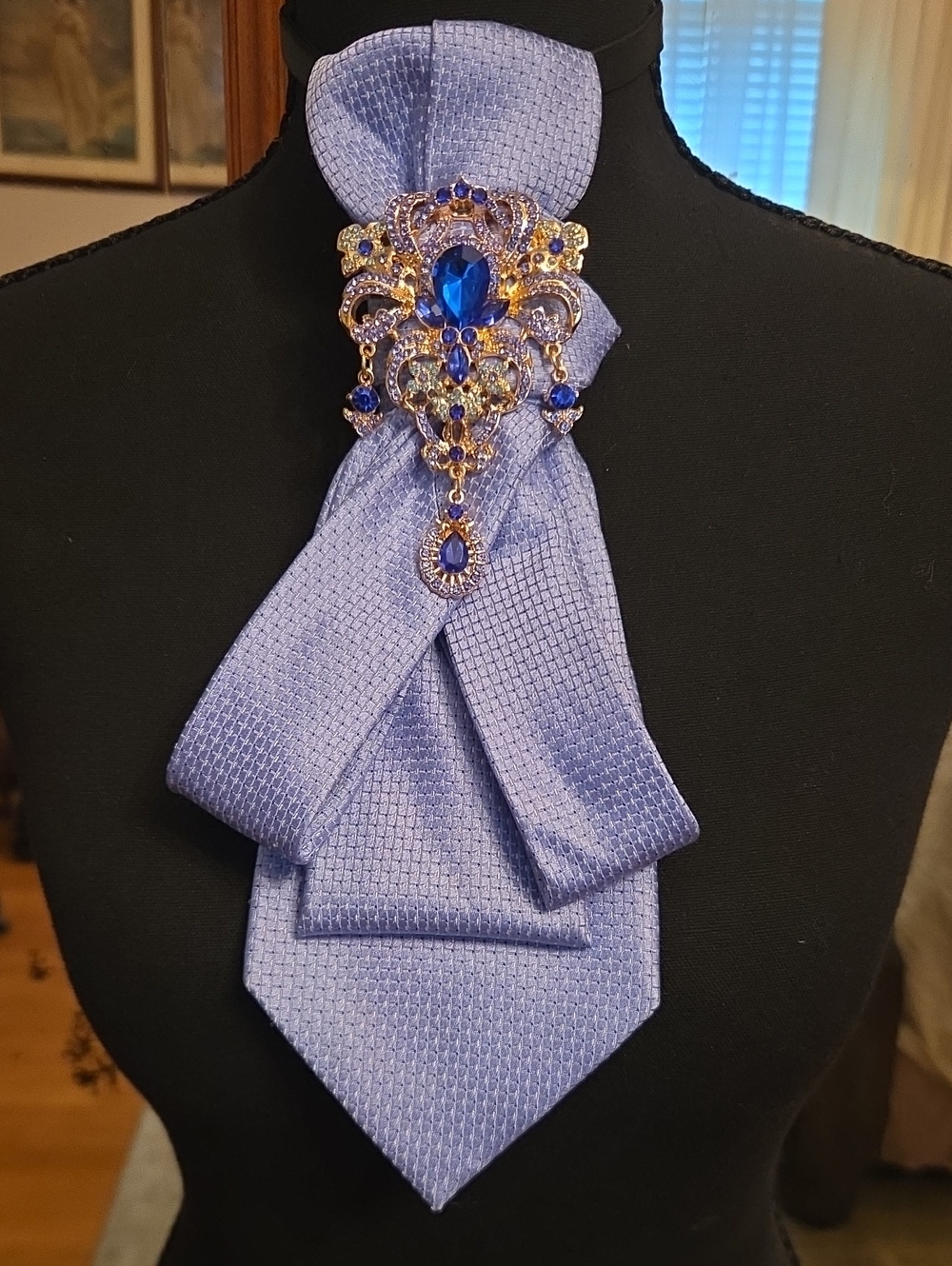 Elegant Blue Womens Neck Tie With Crystal Brooch